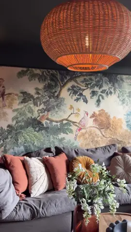 FAQ: Where is the mural from? Wall color? Light fixture? All linked in my LTK: link  https://liketk.it/551ZL Also proving that gray is beautiful. This gray sofa lives beautifully in this space with all the neutral colors. #moodydecor #vintage #darkwalls #interiordesign