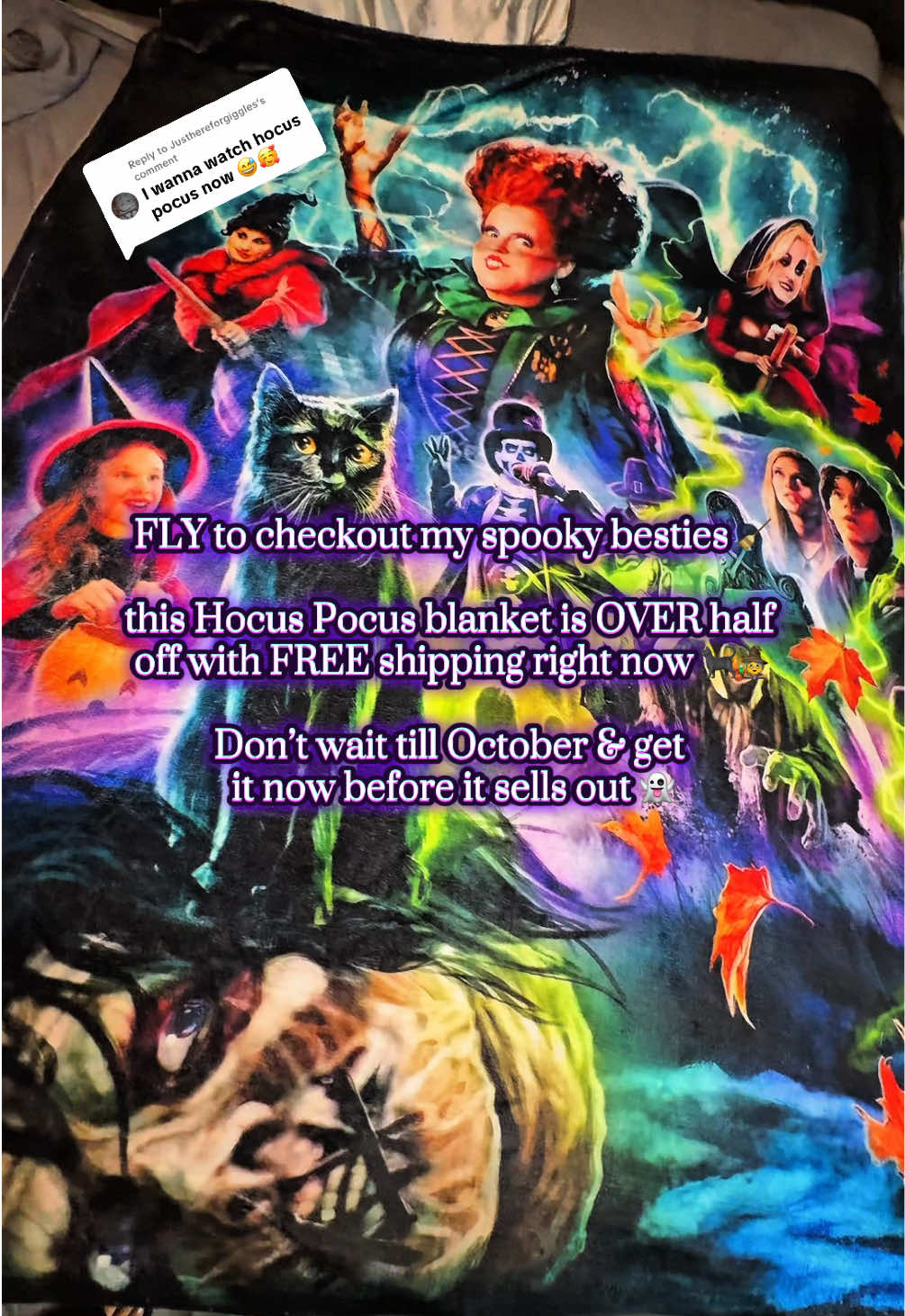 Replying to @Justhereforgiggles .The perfect blanket for spooky season. 🎃🧙‍♀️🪄 #blanket #hocuspocus #spookyseason #halloween #blanketlife  Blanket lover. Hocus pocus blanket. Spooky szn finds. Horror tok. Halloween blanket. 