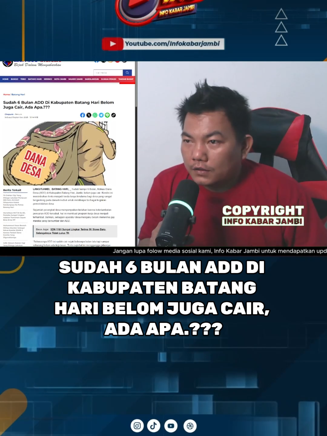 Sudah hampir 6 Bulan, Alokasi Dana Desa (ADD) di Kabupaten Batang Hari, Jambi, belum juga cair. Kondisi ini menimbulkan tentu menjadi tanda tanya terutama bagi desa yang sangat bergantung pada dana tersebut untuk membiayai berbagai kegiatan pemerintahan desa.