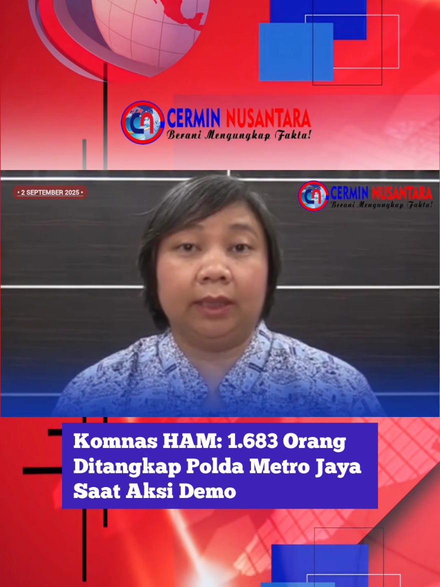 JAKARTA , CN – Komisi Nasional Hak Asasi Manusia (Komnas HAM) melakukan peninjauan lapangan terkait aksi demonstrasi yang berlangsung sejak 25 hingga 31 Agustus 2025. Ketua Komnas HAM, Anis Hidayah, menyatakan pihaknya mendapatkan informasi bahwa sebanyak 1.683 orang ditangkap oleh Polda Metro Jaya. “ada sejumlah 1.683 orang yang ditangkap oleh Polda Metro Jaya,” kata Anis dalam keterangannya pada Selasa (2/9). (Hardin CN) #KomnasHAM #DemoJakarta #AksiDemo #PoldaMetroJaya #HakAsasiManusia #HAM  #BeritaTerkini #UpdateJakarta #Indonesia #BreakingNews #Demo2025 #cerminnusantara #hardincn 
