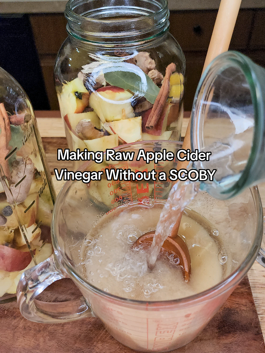 Making raw, probiotic-rich apple cider vinegar at home is easier than you think. All you need are apples, sugar, spices, and patience. This recipe not only gives you delicious ACV but also grows a healthy SCOBY (symbiotic culture of bacteria and yeast) that you can save and reuse. Here’s how it works: The apples, sugar, and water create a natural environment for wild yeast and beneficial bacteria to thrive. Over time, they convert sugars into alcohol, and then into vinegar. The spices like cinnamon, ginger, star anise, and juniper berries add warmth, depth, and subtle aromatics, making your vinegar uniquely flavorful. (2) 64 oz mason jars or 1 gallon glass jar Ingredients: 6–8 organic apples 2 cups cane sugar Filtered water  4 cinnamon sticks 2-inch piece fresh ginger, sliced  2 star anise pods 4 whole cloves 8 whole allspice berries  8 juniper berries 2 bay leaves Instructions: • In a clean, sterilized wide-mouth jar, dissolve the cane sugar in a small amount of filtered water by stirring well. • Add the apples, cinnamon sticks, bay leaves, ginger slices, star anise, cloves, juniper berries, and allspice berries. • Pour in the remaining sugar water, then add more filtered water until the ingredients are fully submerged. Leave 1–2 inches of headspace at the top to allow for bubbling during fermentation. • (Optional but recommended): Place a fermentation weight or a small glass jar on top to keep the apples submerged. This helps prevent mold. • Cover the jar with a breathable cloth or folded paper towel, securing it with a rubber band or jar ring. This allows airflow while keeping out dust and contaminants. • Store the jar in a warm, dark place for about 2 months. After the first week, you should notice bubbles. This is a sign of active fermentation! • • After 2 months, strain out the solids and return the liquid to the jar. Let it ferment for an additional 2–4 weeks, stirring occasionally with a wooden spoon to deepen its tangy flavor. • Once the vinegar tastes to your liking, transfer it into a clean, airtight glass bottle. Store in a cool, dark place. You’ll also notice a thin, jelly-like layer forming on the surface. This is your SCOBY (symbiotic culture of bacteria and yeast). Save it in a little vinegar for your next batch! Need to Know • Always use clean, sterilized jars and utensils to prevent contamination. • Fermentation is a living process bubbles, cloudiness, and a thin jelly-like SCOBY forming on top are all healthy signs. • Store your jar in a dark, warm spot (65–75°F) and avoid metal utensils, as vinegar can react with them. • Once your ACV is finished, strain and bottle it in glass containers with airtight lids. Keep in a cool, dark place. SCOBY storage: If you’re not ready to start a new batch right away, transfer the SCOBY into a jar with a cup or two of finished vinegar, cover with a breathable lid, and store at room temperature. It will remain alive and ready for future brewing. This process takes a little time, but the reward is a raw, unpasteurized vinegar that supports gut health, balances digestion, and brings rich flavor to your kitchen creations. Fermentation is patience turned into nourishment. #homemadevinegar #applecidervinegar #fermentation #guthealth #probiotics 