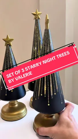Set of 3 Illuminated Starry Night Trees by Valerie – gold glass Christmas decor with twinkling LED lights, auto timer, and elegant holiday glow for mantels, shelves, and gifting. #starrynighttrees #christmasdecor #christmastok #valerieparrhill #tiktokshopcreatorpicks 