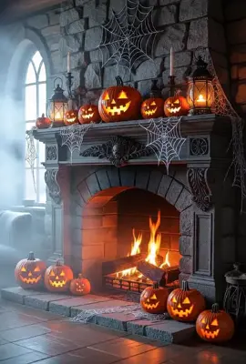 “Halloween nights by the fireplace… glowing pumpkins, warm vibes, and spooky season magic.” ✨👻 #HalloweenDecor #H#HalloweenPumpkinAesthetic #fireplace #fall 