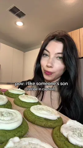 cookie recipe: 1. Melt 110g (1 stick) of unsalted butter in microwave then place in fridge to cool 2. While butter is cooling, start mixing your dry ingredients: 200g all-purpose flour, 1/2 tsp baking powder, 1/2 tsp baking soda, 1 tbsp matcha, 1/2 tsp flakey salt 3. Once butter is cooled to room temperature, add 200g granulated sugar and mix. Then, add in 1 large egg, 1 tsp vanilla bean paste. 4. Slowly mix in dry ingredients to wet ingredients until well incorporated. 5. Roll your cookie dough and flatten, then place in fridge for about 30 minutes. 6. Preheat oven to 355F. Once ready, bake cookies for 8-10 minutes. 9 minutes worked best for my oven. 7. Once baked, let them cool completely on a cooling rack.  mascarpone cream: 1. In a bowl, use an electric mixer to combine 200g mascarpone, 1 tsp vanilla extract, 75g powdered sugar, 20g honey, 120g heavy cream until stiff peaks form. 2. Once cookies are cooled, use a piping kit or a ziploc bag to swirl cream on top of cookies. 3. Top with a matcha dusting and a pinch of flakey salt. credit for recipe: hyunjuny_ on ig #cookingasmr #asmr #cooking #mukbang #cute #matcha