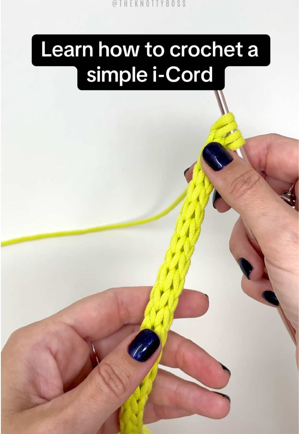 Learn to crochet a simple i-cord 🧶 Bernat Maker yarn from @YarnspirationsOfficial  🪝 4mm hook from @Furls Crochet  #theknottyboss #crochet #tutorial #icord #crochetersoftiktok 