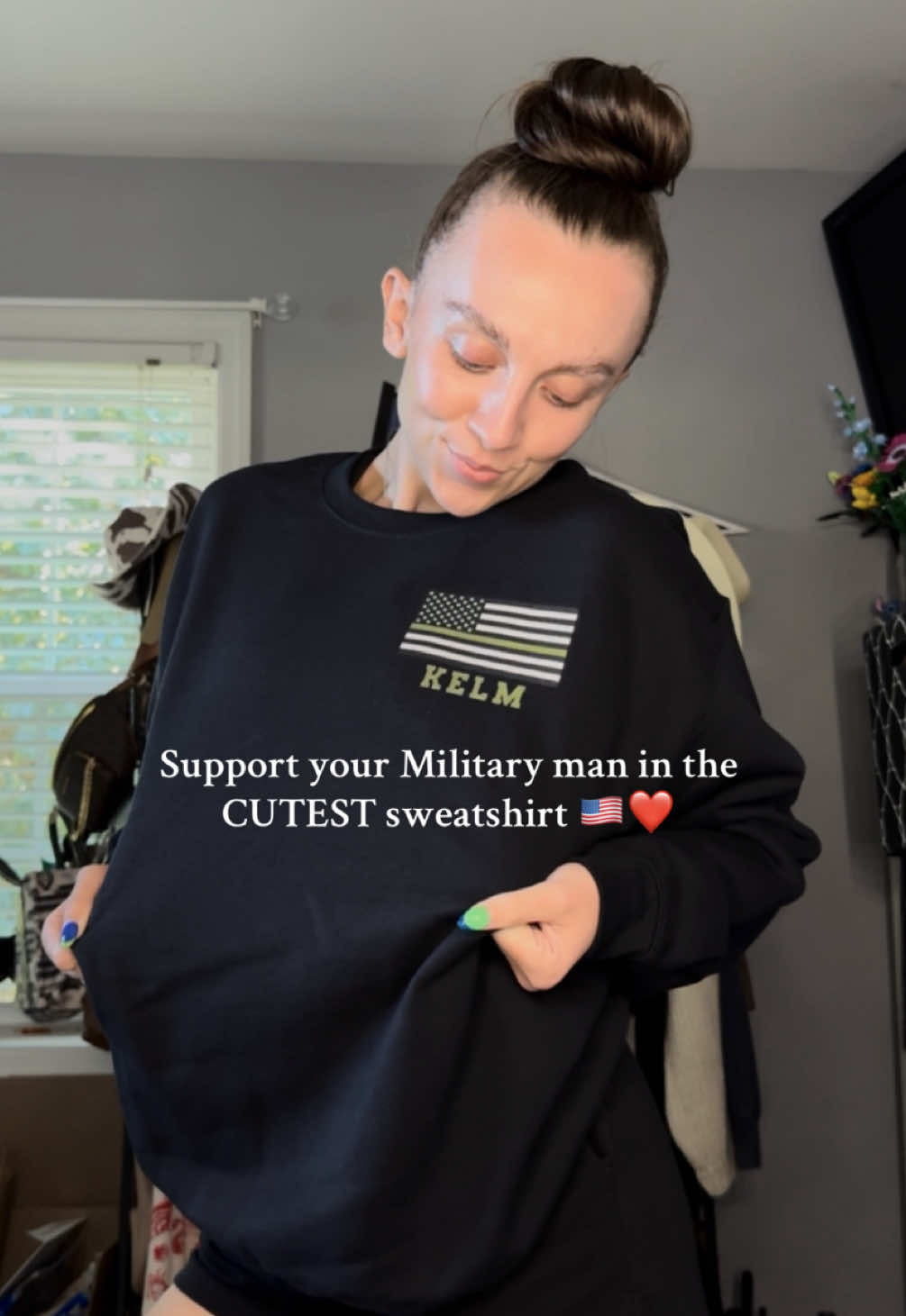 Milso girlies support your military man and represent support for ALL branches with this thin green flag sweatshirt 💚 You will see me living in this sweatshirt this deployment. I got mine in a size medium and it’s that perfect cozy sweatshirt fit. A cute and simple sweatshirt for all military girlfriends and military wives ❤️🇺🇸 Marine Corps, Navy, Air Force, Army,  #miltok #milso #milsotok #milspouse #militaryrelationship 
