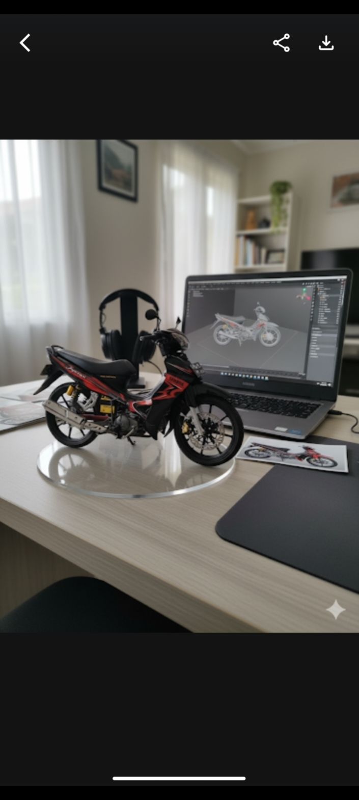Membalas @raditya.pbg done mas ya🥰. Use the SONDENO_ model to create a 1/7 scale commercialized figure of the motorcycle in the illustration, in a realistic style and environment. Place the figure on a computer desk, using a circular transparent acrylic base without any text. On the computer screen, display the ZBrush modeling process of the figure. Next to the computer