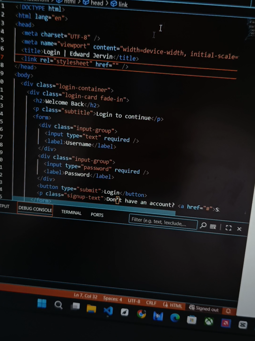 Login page ? Nahhh, this is a whole vibe 🤎 #lethimcook #coding #vscode #html #htmlcss