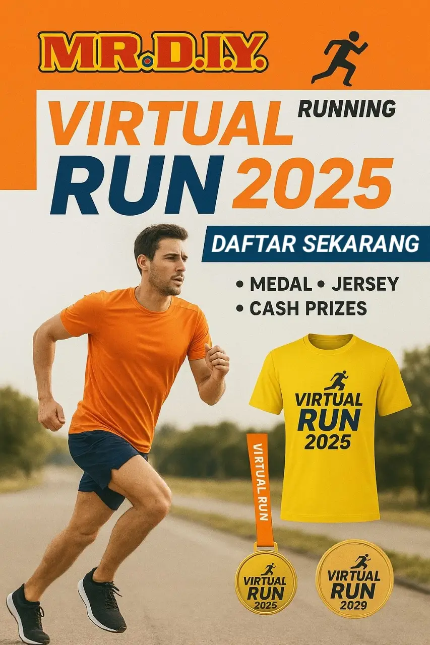 ✨🏃‍♂️ MR.DIY Virtual Run 2025 🏃‍♀️✨ Saatnya lari sehat, raih medali, jersey eksklusif & hadiah uang tunai! 📅 Periode: 02–12 September 2025 🎽 Semua finisher dapat hadiah menarik! Daftar sekarang & buktikan semangatmu! 🔥💪 #MRDIYVirtualRun2025 #VirtualRun #SehatBersama #Lifestyle #fyp 