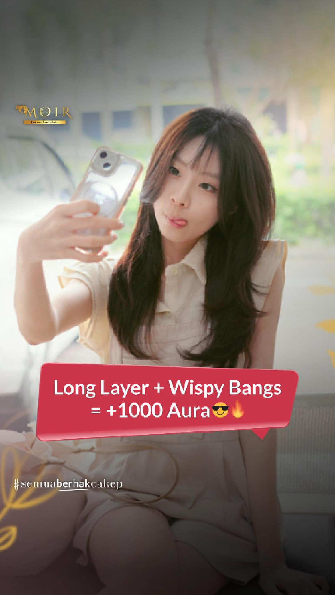 Kalo kata gen alpha long layer + wispy bangs = +1000 aura 😎🔥 Layer-nya flowy, Korean bangsnya bikin look jadi super cute🩷 Buat kamu yang lagi bosen sama rambut yang gitu-gitu aja this is your sign, Ke Moir Salon sekarang! #MoirSalon #haircut #semuaberhakcakep #salonjabodetabek #salon     
