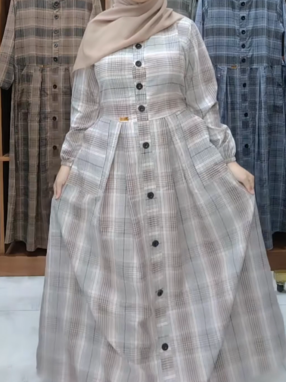 GAMIS CASUAL MOTIF KOTAK FULL KANCING Dewasa Kondangan #gamis #gamiskekinian #gamiskondangan #dress #foryou 