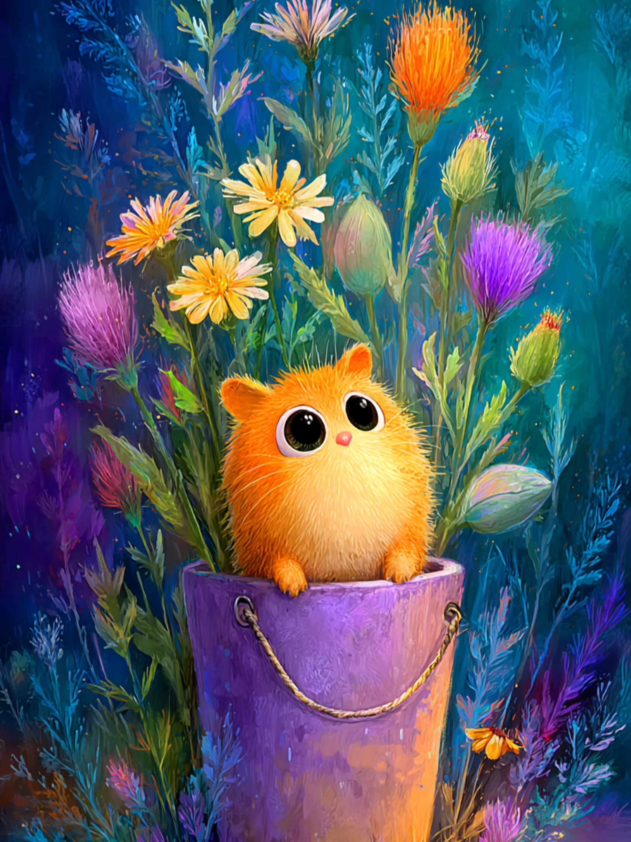 The Potlings of Petalwood 🌼 In a sun-dappled corner of a secret glade, where flowers grew taller than dreams and twilight sparkled like sugar, lived the Potlings: tiny fluffballs with wide eyes and even wider hearts. Each Potling was born in a flowerpot, nestled among blooms that matched their soul. Some glowed beside golden marigolds, others twinkled beneath thistles, and a few shy ones peeked out from purple asters, watching fireflies pass like floating wishes. Every morning, they hummed songs to their flowers, and the flowers bloomed brighter in return. It was said that if a Potling giggled, it could wake a sleeping seed underground. If it cried, the rain would gently fall to water the roots. They didn’t speak in words, but in warmth, and butterflies always understood. Once a year, when the moon dipped low enough to kiss the tallest petals, the Potlings held the Bloomlight Festival. They leapt from pot to pot, exchanging petals, stardust confetti, and soft fuzzy hugs. Their laughter rang like wind chimes through the forest. Most have never seen a Potling, but if you find a flower growing faster than the rest, or catch a flicker of fluff and magic near a clay pot, don’t blink. You might be lucky enough to meet one. And if you do, remember this: be kind to your plants. You never know who might be living inside ✨  Music: 