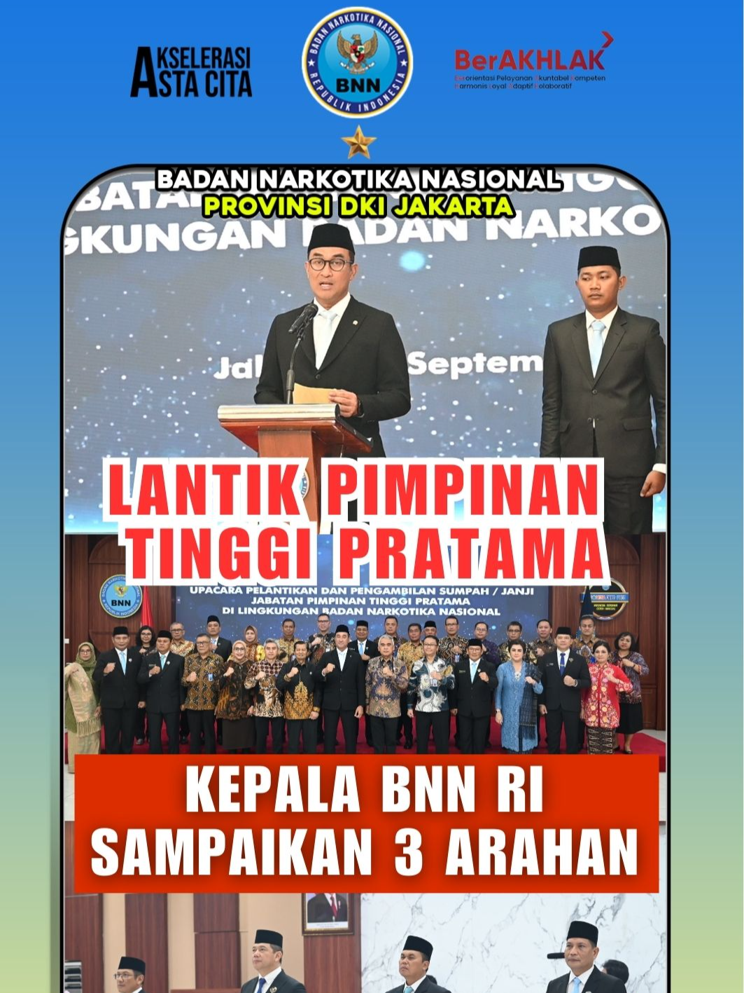 Kepala BNN Provinsi DKI Jakarta, Brigjen Pol Awang Joko Rumitro, menghadiri Upacara Pelantikan dan Pengambilan Sumpah Jabatan Pimpinan Tinggi Pratama di lingkungan Badan Narkotika Nasional Republik Indonesia. Acara berlangsung di Ruang Mohamad Hatta, Gedung BNN RI, Cawang, Jakarta Timur. Kepala BNN RI mengucapkan selamat kepada para pejabat yang baru dilantik. Ia berpesan agar para pejabat tersebut bekerja secara maksimal sebagai garda terdepan dalam memerangi narkoba. Di samping itu, Kepala BNN RI juga menekankan pentingnya bekerja berdasarkan peraturan dan perundang-undangan yang berlaku, serta mengedepankan soft skill seperti empati, komunikasi yang baik, dan kepemimpinan yang humanis. Kepala BNN RI juga mengingatkan para pejabat bahwa apa yang mereka kerjakan akan selalu dinilai oleh masyarakat dan harus dipertanggungjawabkan kepada Tuhan Yang Maha Esa. Dalam amanatnya, Kepala BNN RI mengajak seluruh jajaran BNN, khususnya para pejabat tinggi pratama, untuk menerapkan tiga nilai utama dalam menjalankan tugas. Nilai utama tersebut adalah soliditas, integritas, dan sinergitas. Soliditas: Jadilah kokoh dan bersatu, baik di internal BNN maupun dalam menghadapi jaringan narkoba. Tidak boleh ada perpecahan di dalam organisasi. Integritas: adalah modal utama dan benteng terakhir dalam menjalankan tugas. Jabatan, fasilitas, atau strategi besar tidak akan berarti tanpa integritas. Sinergitas: BNN tidak bisa bekerja sendiri. Keberhasilan BNN sangat ditentukan oleh kemampuan menjalin kerja sama, baik antar-unit di internal maupun dengan seluruh stakeholder terkait, baik di tingkat nasional maupun internasional. @info_bnnri @joko.awang #bnn #bnnpdkijakarta #warondrugs #warondrugsforhumanity #jakartabersinar