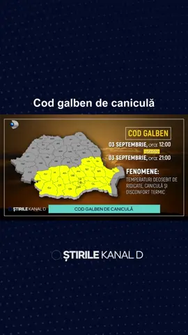Este Cod galben de caniculă pentru aproape jumătate din țară. 🔵 Atenționarea de temperaturi deosebit de ridicate este valabilă de la această oră și vizează Oltenia, Muntenia, sudul Moldovei și Dobrogea continentală. 🔵 Aici temperaturile maxime vor fi cuprinse între 33 și 35 de grade, izolat mai ridicate în sudul Munteniei unde se vor atinge 36-37 de grade. 🔵 Codul galben de caniculă este valabil până diseară la ora 21. #stirilekanald #kanaldromania #codgalben #canicula #temperaturiridicate #caldura  