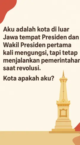 📝 Jawaban: Yogyakarta 🇮🇩 Di kota inilah Presiden Soekarno dan Wakil Presiden Mohammad Hatta sempat mengungsi, namun pemerintahan Indonesia tetap berjalan. Karena jasanya yang besar bagi perjuangan, Yogyakarta mendapat gelar Kota Pahlawan dan Ibu Kota Sementara Republik Indonesia pada masa revolusi. ✨ Fakta ini jadi pengingat, bahwa semangat perjuangan rakyat dan pemimpin selalu berpadu demi kemerdekaan Indonesia.#KemerdekaanRI #SejarahIndonesia #YogyakartaKotaPahlawan #BanggaIndonesia #MerdekaSepanjangMasa