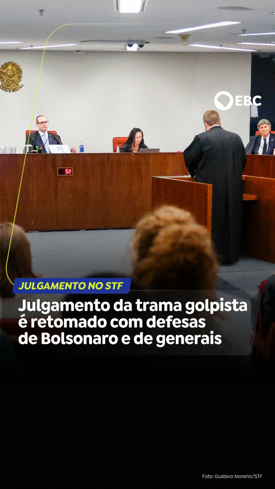 JULGAMENTO NO STF | A Primeira Turma do STF (Supremo Tribunal Federal) retomou na manhã desta quarta-feira (3) o julgamento do ex-presidente Jair Bolsonaro e mais sete réus do núcleo crucial da tentativa de golpe, a partir da denúncia da Procuradoria-Geral da República.  Serão ouvidas as defesas de Bolsonaro e dos ex-ministros Augusto Heleno (Gabinete de Segurança Institucional), Paulo Sérgio Nogueira (Defesa) e Braga Netto (Casa Civil). O julgamento vai até meio-dia desta quarta-feira e será retomado no dia 10 de setembro.  Acompanhe a EBC nas redes.