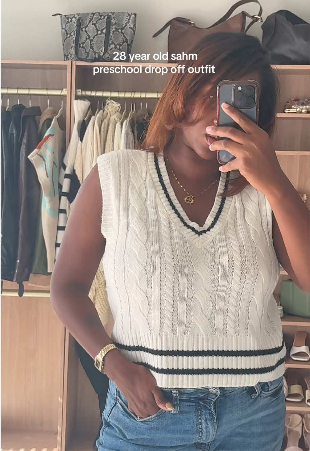 Love a classy moment 🤍 SAHM  OUTFIT OF THE DAY  Jeans: @Old Navy Official  Vest: @shein  #OOTD #momstyle #momfashion #momlife 