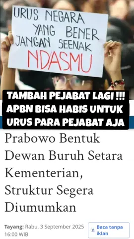 Presiden Prabowo tambah lembaga baru lagi setingkat menteri. Artinya, APBN makin banyak dikuras untuk membayar gaji, tunjangan dan aneka fasilitas. Padahal kabinet Prabowo sudah gemuk mencapai ratusan orang terdiri menteri dan wakil menteri. Roy Salam dari Indonesia Budget Center menyebut,  pendapatan yang diperoleh para menteri tiap bulan mencapai Rp 150 juta hingga Rp 200 juta. Sementara wakil menteri memperoleh Rp 80 juta hingga Rp 100 juta atau bahkan Rp 150 juta.  Roy bahkan sudah menghitung besaran anggaran untuk membayar take home pay (THP) menteri yang mencapai Rp 137,8 miliar per tahun. Sementara anggaran untuk membayar THP wakil menteri berkisar Rp 70 miliar hingga Rp 80 miliar.