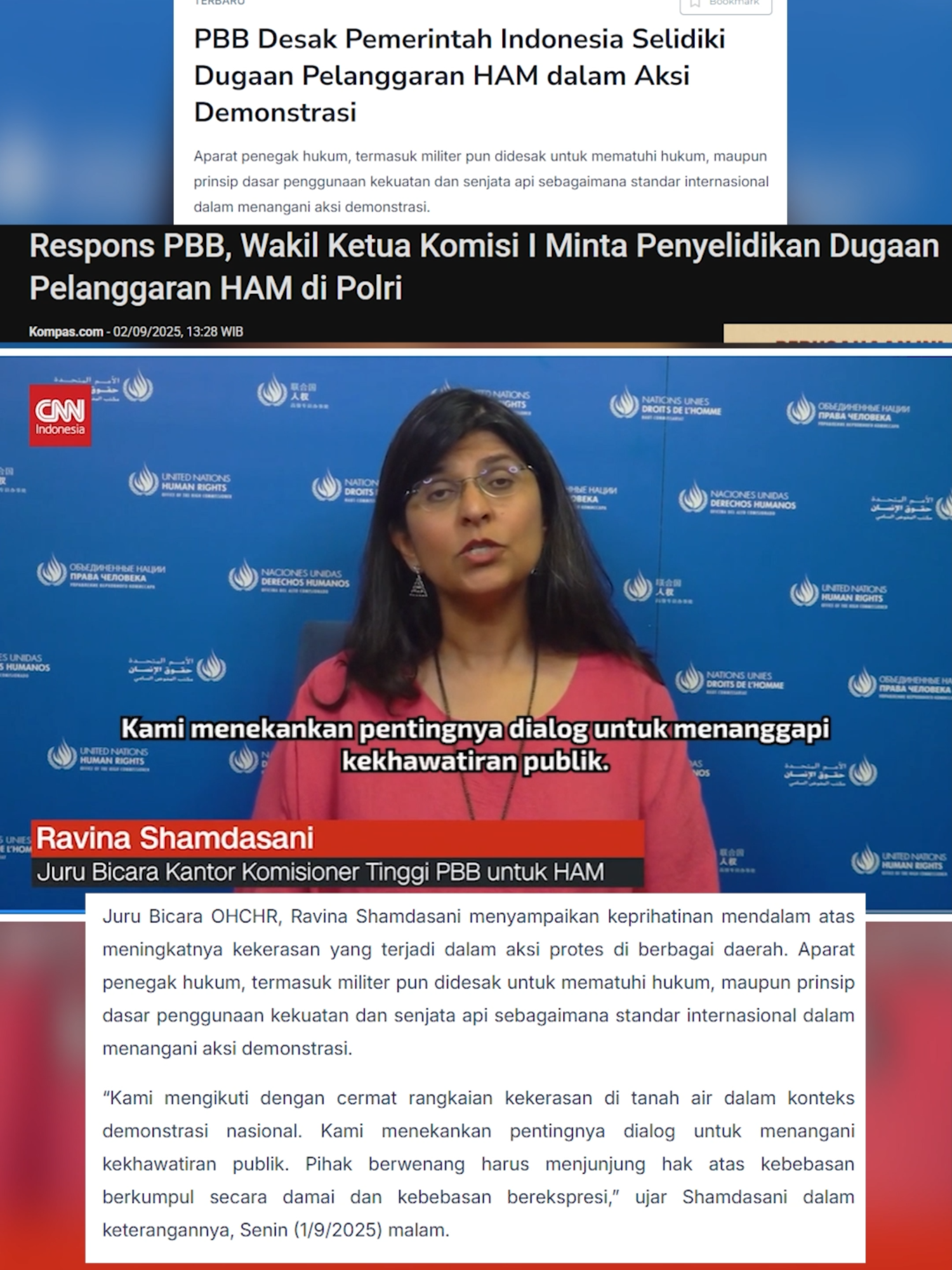 PBB Buka Suara Terkait Demo di Indonesia. Pernyataan ini diutarakan OHCHR menyusul demonstrasi yang terus meluas di Indonesia, dan di beberapa titik berujung bentrok antara aparat dan massa hingga memakan korban jiwa.  Sumber PBB dan CNN Indonesia Download Apps CNN Indonesia sekarang https://app.cnnindonesia.com/ #tuntutanrakyat #demodpr #suararakyat #dprri #pbb #cnnindonesia #keadilansosialbagiseluruhrakyatindonesia #bangkit
