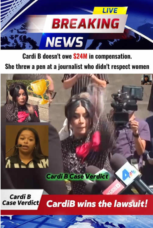 Cardi B wins the lawsuit!🏆 The trial was filled with dramatic moments both inside and outside the courtroom!She threw a pan at a journalist who didn’t respect women!#CardiB #fyp #breakingnews #celebrity #courtroomdrama 