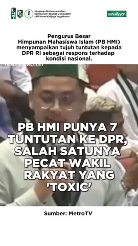 Pengurus Besar Himpunan Mahasiswa Islam (PB HMI) menyampaikan tujuh tuntutan kepada DPR RI sebagai respons terhadap kondisi nasional. #pbhmi #hmiuinsuka #himpunanmahasiswaislam #hmi #uinsuka 
