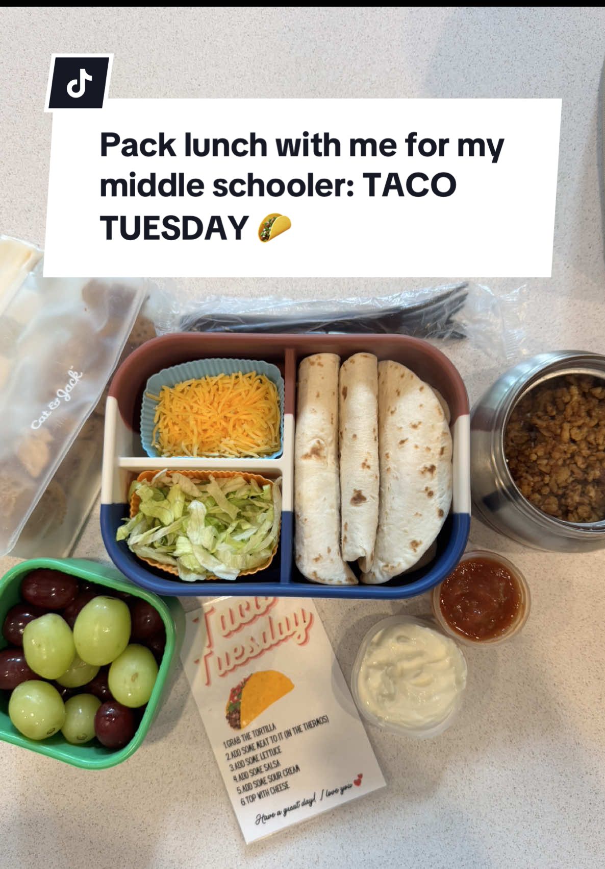 Pack lunch with me for my GRAWING BOY-7th grader. Yesterday he had tacos for taco Tuesday and he scraped the corners, that’s how much he loved it 🥲 #kidslunchideas #kidslunch  #middleschool #backtoschool #teenlunchideas  Lunch containers: @The Dearest Grey @OmieLife 