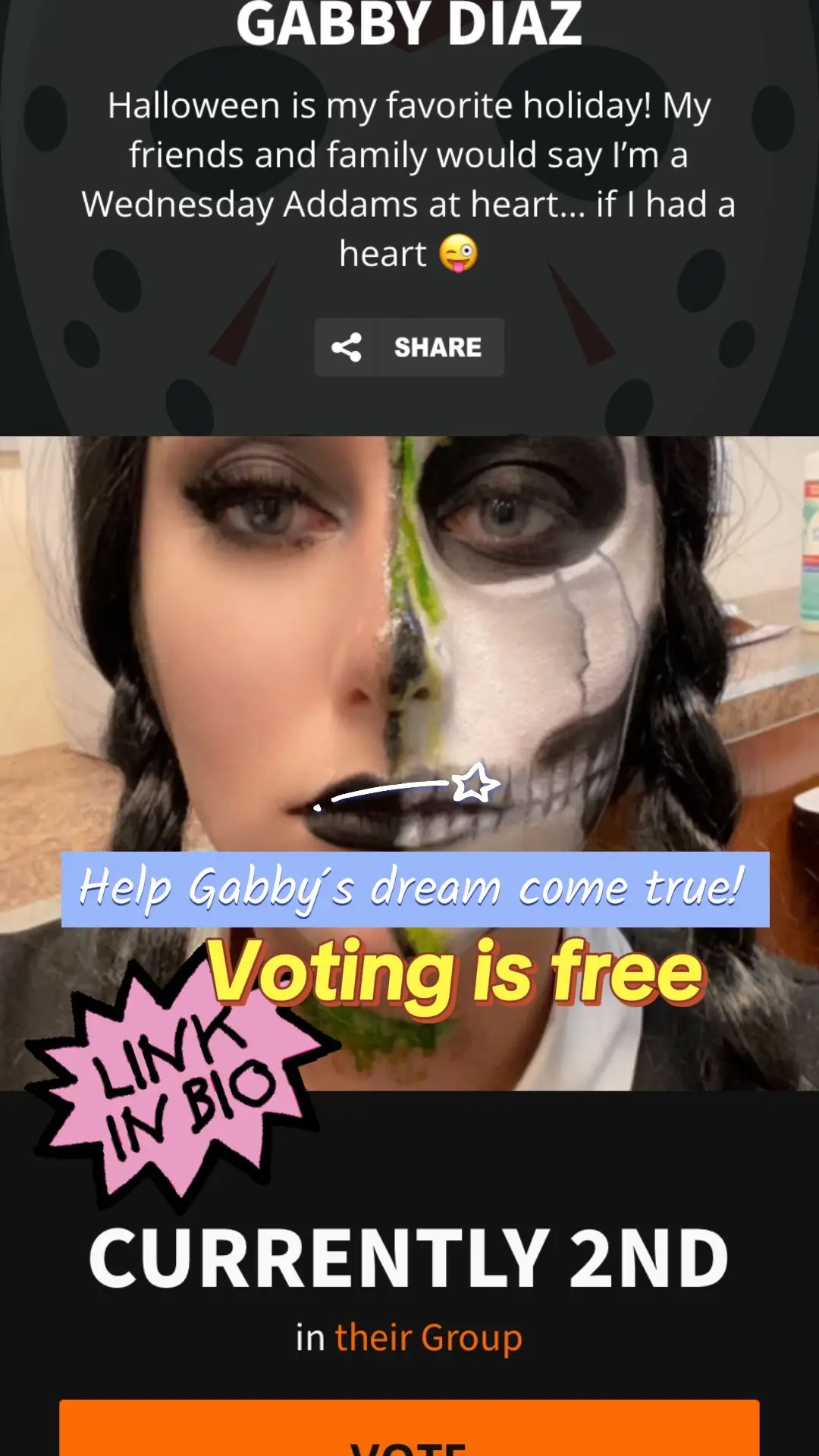 LINK IS IN MY BIO! I need your HELP! VOTING is FREE!!!!! Put in your FREE vote everyday! Lets help Gabby’s dream come true. Let’s get her in 1st place. #faceofhalloween #halloween #fyp #voteforme #spooky 
