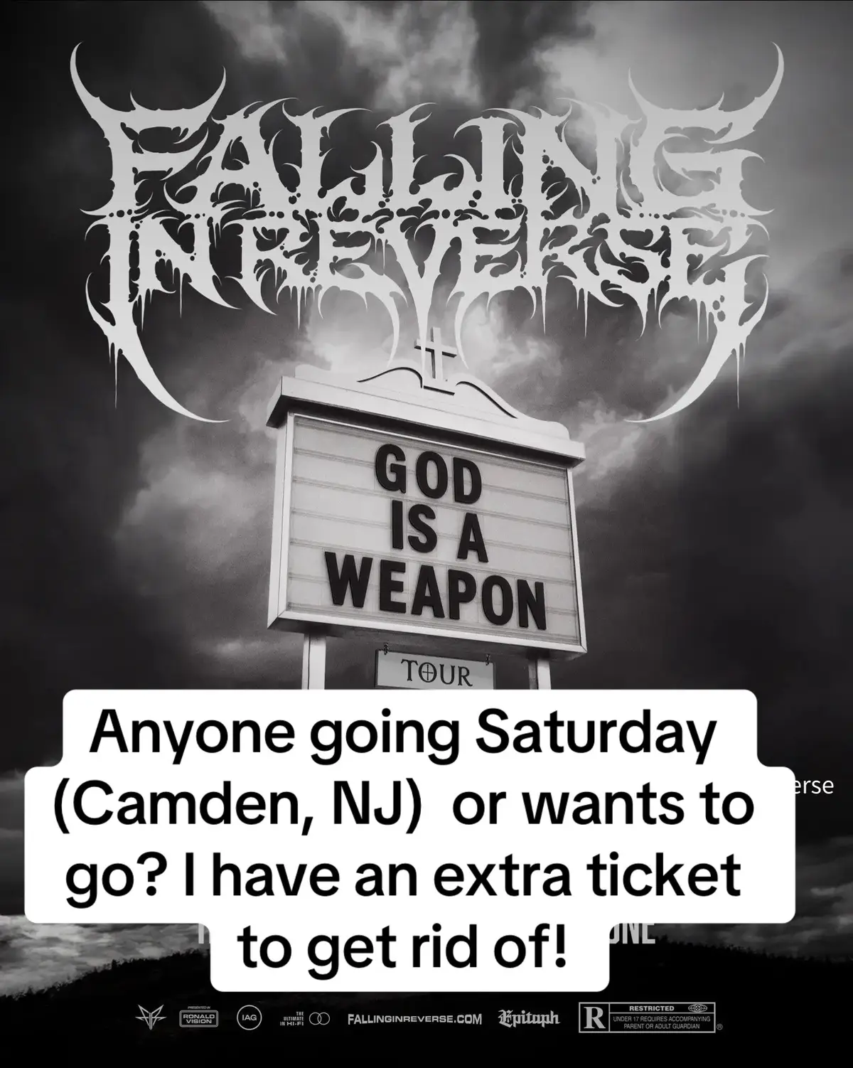 If anyone is looking to go, I have ONE extra ticket for the concert. If you’re interested , message me! #fallinginreverse #godisaweapontour #metalhead #concert #sleeptheory 