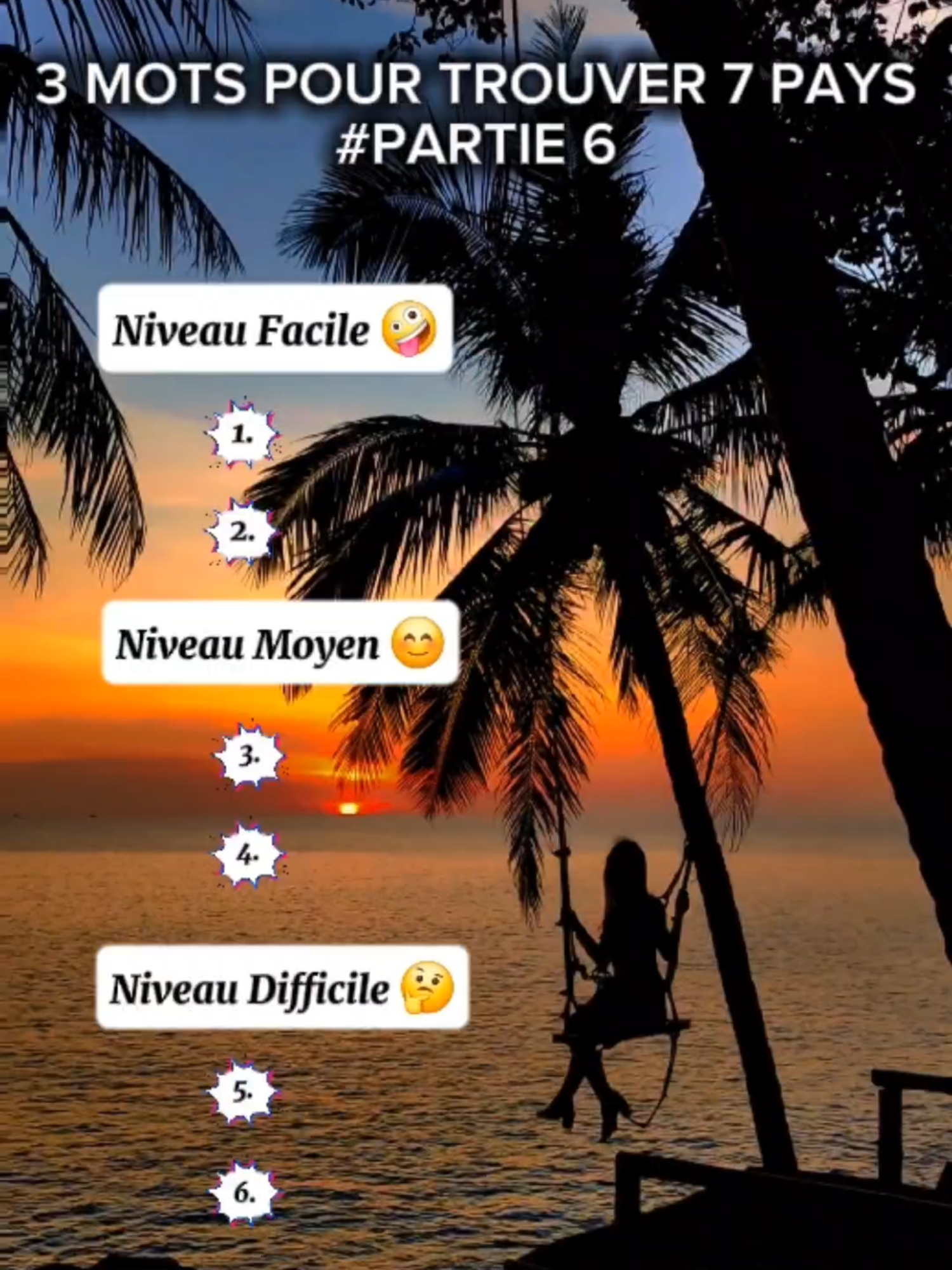 PARTIE 6 : 🌍 3 mots pour deviner 7 pays ! ✅ Si t’en trouves au moins 4, t’as le droit de te la péter 😎 ❤️ Like si t’aimes les quiz 💬 Commente ton score 👀 Et surtout, envoie ça à un pote qui sait tout ! #Quiz #challenge #quiztime#quizz #quizchallenge #cultureg #culturegenerale #apprendresurtiktok #question