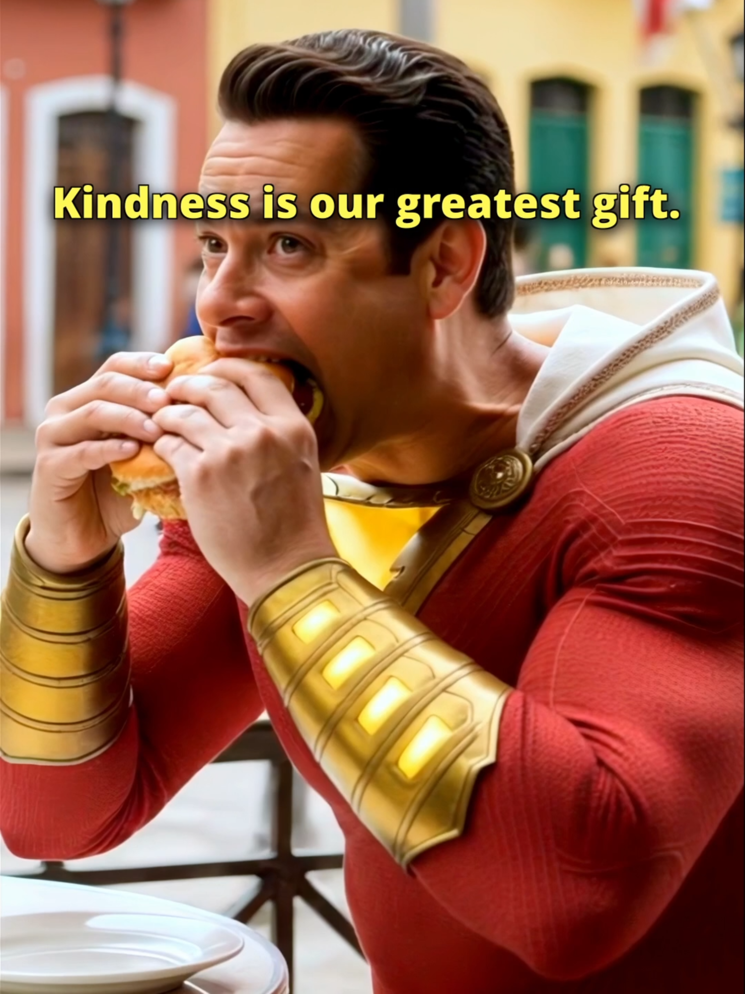 Shazam’s $750,000 Taco Mission 🌮⚡️ Shazam is enjoying a burger on a café terrace when everything changes in a split second: a young driver, too busy texting his girlfriend Andrea, speeds toward an old woman crossing the street. The impact sends her to the hospital, where the doctor says she can be saved—but only with a $750,000 surgery. Shazam doesn’t have the money. Desperate, he trades his superhero powers for a kitchen apron and starts working at his grandma’s taco stand. His new mission: cook the perfect taco and raise the money to save her life. How this story ends will surprise you.