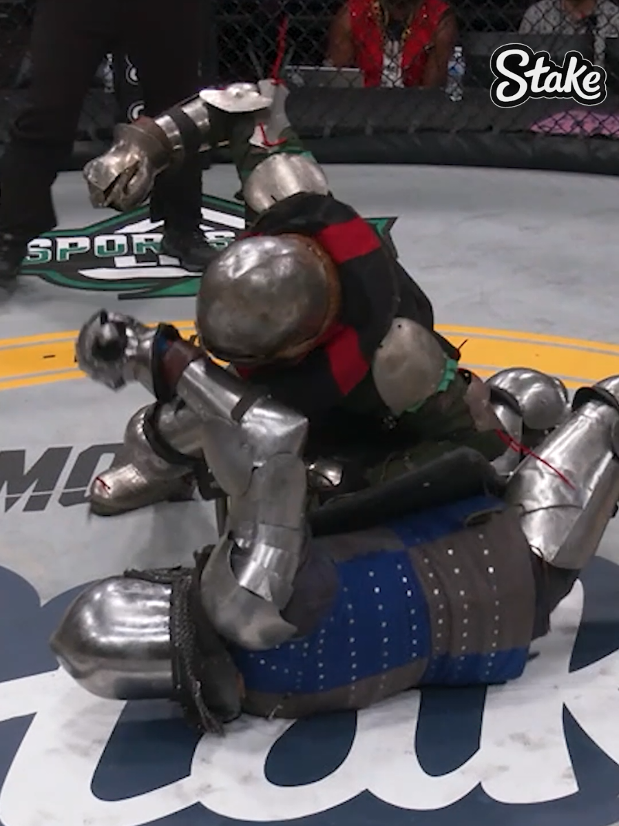 Stuffing a kick with a headbutt is a bold choice! When they use range, get in tight!  ARMORED MMA x STAKE @stake Use Code: ArmoredMMA when you log onto stake.com  ... .. . #medievalcagefighting #cagefight #armoredmma #medievalmartialarts #medievalmma     @stakes.clips 