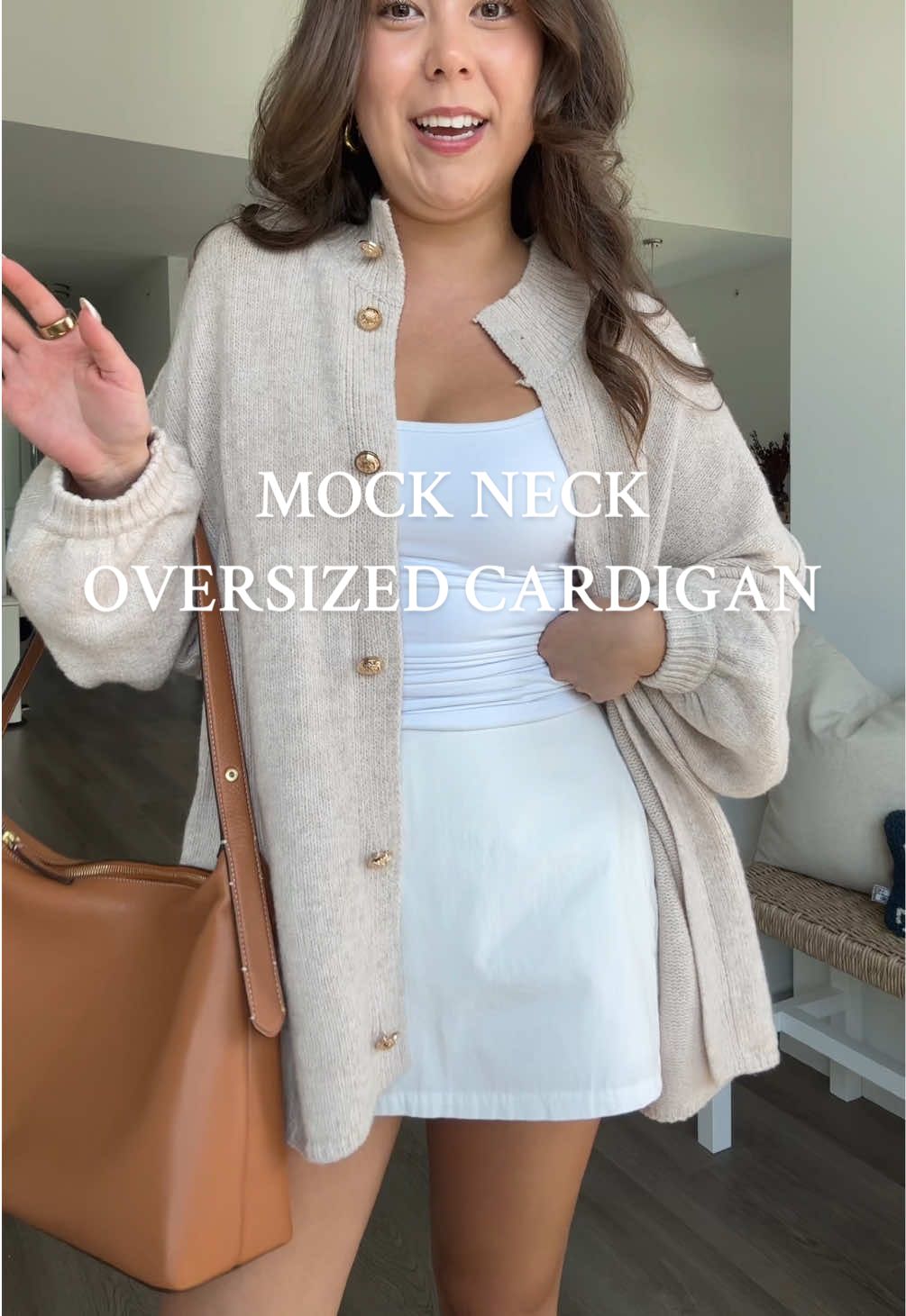 wearing a size medium in the color light khaki 🤍🧺 the coziest mock neck oversized cardigan #mockneck #mocknecksweater #oversizedcardigan #cardigan #oversizedsweater 