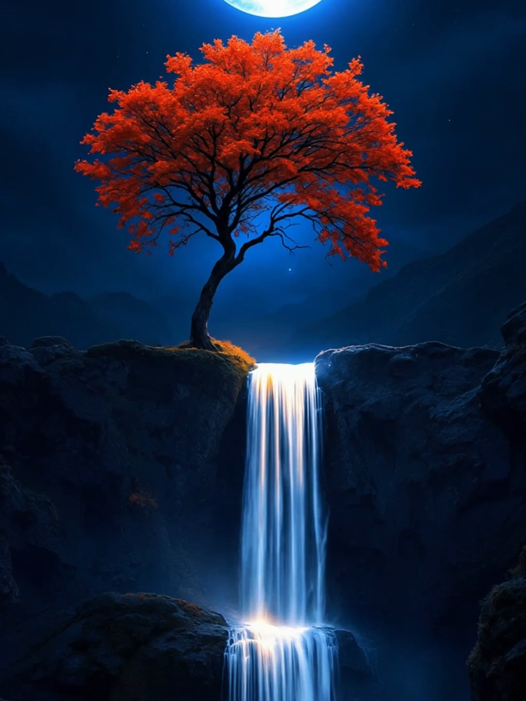 Live Wallpaper | Mystical Autumn Falls #waterfall #redtree #autumn #livewallpaper #mysticalvibes #moonlight #tranquil #fallvibes #aivideo #phonewallpaper #nightscenery