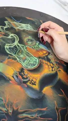 Do I regret staying up for 24 hours to finished this painting? Not even a little bit. I am so happy it’s done, and I will probably do this again when the inspiration strikes. ✨ Happy spooky szn 🖤 . . . #spookyseason #halloweenart #gouache #paintingtimelapse 