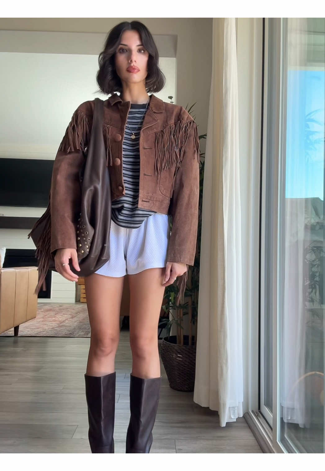 stripes x fringe suede jacket #fashiontiktok #falloutfit #transitionaloutfit #fryeboots #fringejacket 