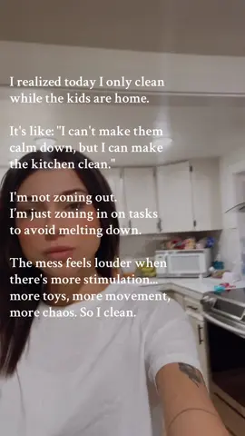 I used to think I cleaned while the kids were home because I was just trying to be productive. But I’ve started to realize—it’s something deeper. It’s not that I’m zoning out. I’m zoning in on tasks to avoid melting down. The noise, the toys, the constant motion… the mess feels louder when the chaos is louder. And my brain goes: “Fix it. Now.” Sometimes, it’s not even about being clean. It’s about control when everything else feels overstimulating. It’s survival mode disguised as a chore list. Living with ADHD or OCD tendencies means my nervous system treats a messy room like a five-alarm fire. I’m not cleaning because it relaxes me. I’m cleaning because my brain thinks it’s an emergency. I wish I ended the day feeling proud or peaceful. But sometimes I just feel numb. Or wide awake at 3am because I can’t turn it off. This isn’t a confession or a cry for help. It’s just me learning to see the why behind my patterns—and trying to offer myself some compassion instead of shame for it. If you’ve ever felt this too, you’re not alone. And you’re not broken. #MomTok #OverstimulatedMom #ADHDAwareness #OCDawareness #NeurodivergentMoms 