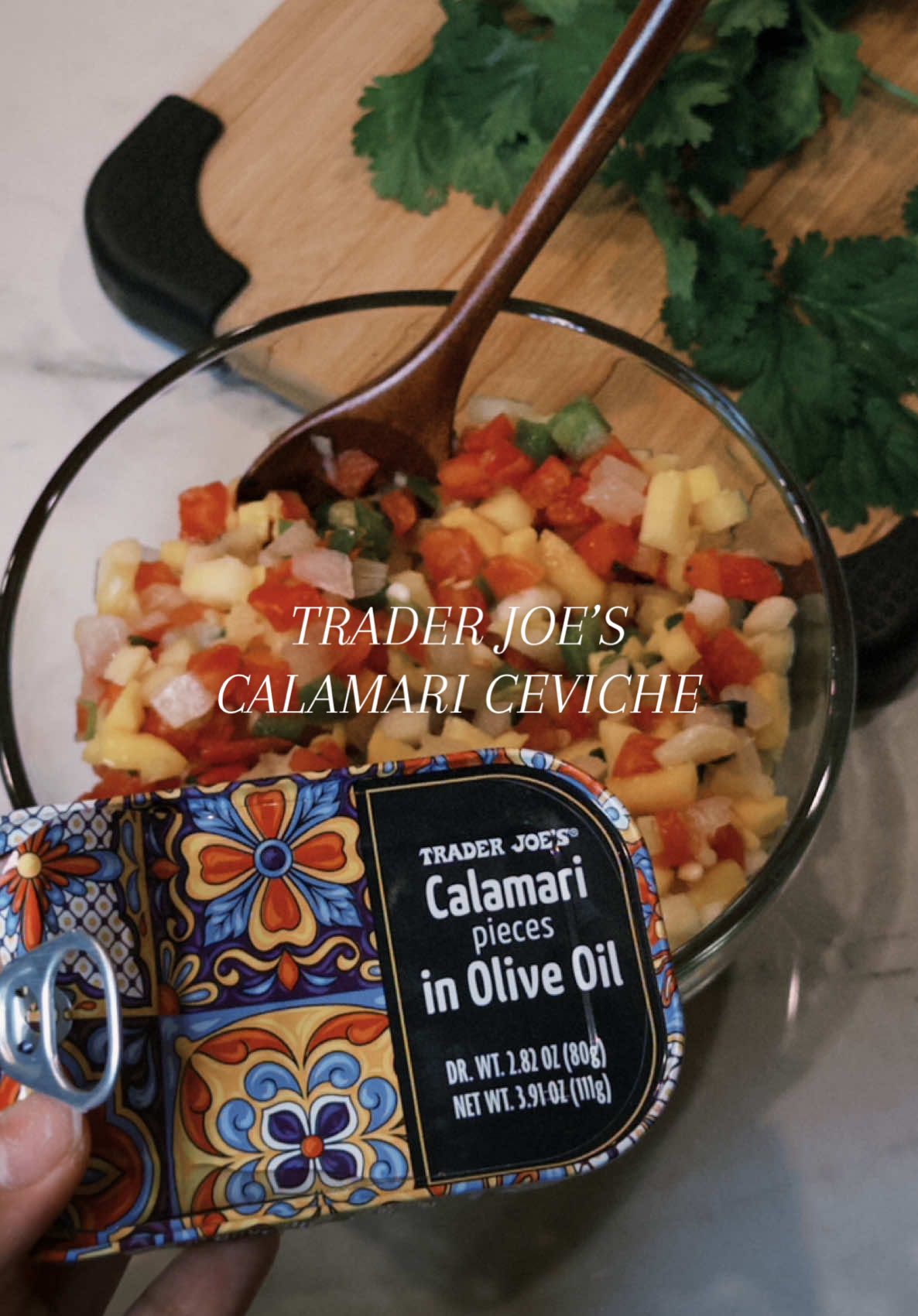 this tinned calamari and mango pineapple pico de gallo salsa from @Trader Joe's is perfect for some quick and easy ceviche; you can customize it to your liking 😋 • • • • #traderjoes #traderjoesrecipe #traderjoesfoodreviews #ceviche #EasyRecipe @Maldon Salt   