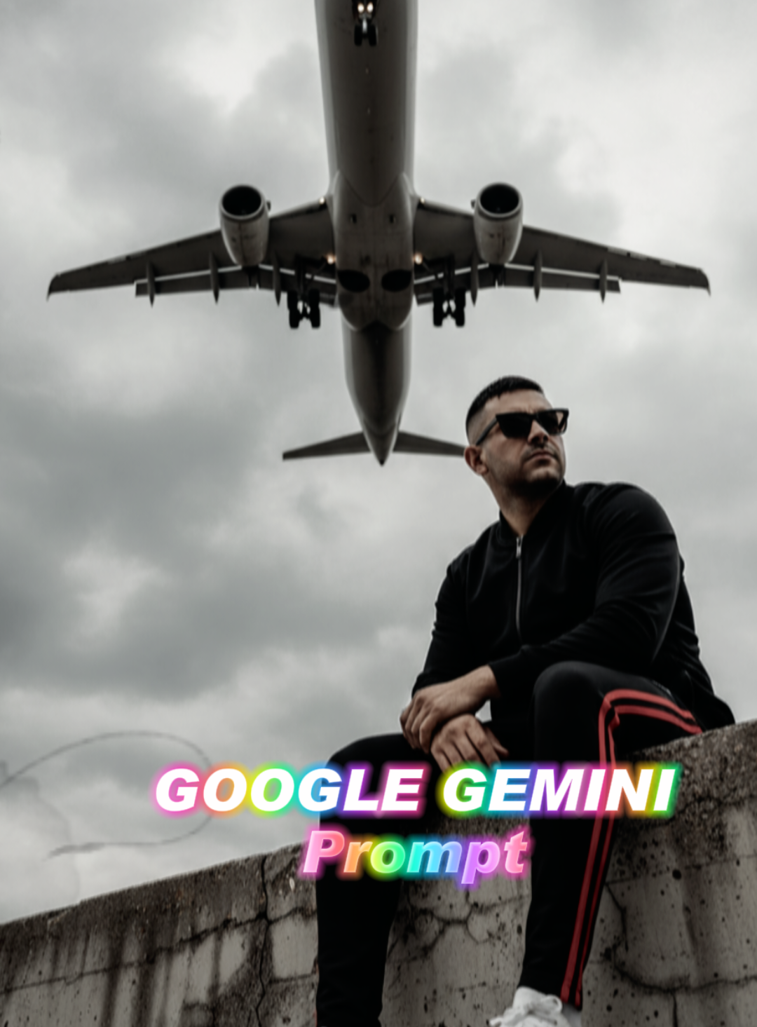 Ultra-realistic cinematic portrait of a young man, same facial features as reference, wearing black sunglasses, black jacket, slim black track pants with red stripes, and white sneakers, sitting casually on a weathered concrete edge. One leg bent, other hanging, arms resting on knee, head turned slightly right with a confident calm expression. A massive airplane flies extremely low above, overcast cloudy sky, wide-angle low-angle shot, dramatic and surreal