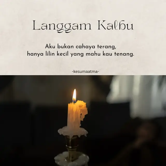 Aku tidak meminta dunia, hanya ingin duduk di sisimu seperti senja yang diam, namun cukup mewarnai langitmu. Aku tidak mencari megah, hanya ingin jadi teduh yang kau temui setiap kali hatimu lelah. Dan jika hari-harimu gelap, biarlah aku jadi cahaya kecil, sekadar lilin sederhana, namun sudi menyala sampai kau kembali tenang. -KesumaAtma #KesumaAtma #luahanhati #puisicintaromantis #quotesuntukkamu #fypシ゚viral🖤tiktok 