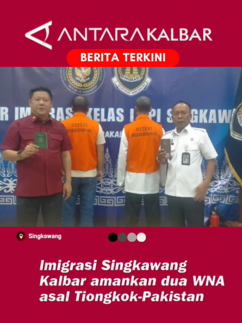 Kantor Imjgrasi Kelas 1 TPI Singkawang, Kalimantan Barat (Kalbar)  mengamankan dua warga negara asing (WNA) asal negara Tiongkok dan  Pakistan. Dua WNA ini masing-masing berinisial LZ warga negara  Tiongkok dan BK warga negara Pakistan Kedua WNA tersebut diamankan di dua lokasi yang  berbeda, seperti LZ diamankan di Jalan Ahmad Yani, Sungai Duri,  Kecamatan Sungai Raya, Kabupaten Bengkayang, sedangkan BK diamankan di  Rumah Makan Bakso, Kelurahan Pasiran, Kecamatan Singkawang Barat. selengkapnya: https://kalbar.antaranews.com/berita/664149/imigrasi-singkawang-amankan-dua-wna-asal-tiongkok-pakistan