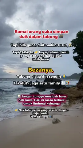 Menabung memang bagus, tapi bila guna, habis macamtu je 💸 Tapi takaful lain, bayar sikit setiap bulan, bila musibah datang, kita or fanily akan dapat jauh lebih banyak ✨ Nak tahu macam mana nak mula dgn bajet kecil? 📲 DM saya 😇  #takafulawareness #takaful #takafulinfo #familyprotection #family #MedicalCard #hibah #hibahtakaful #patuhsyariah #fyp #viral 
