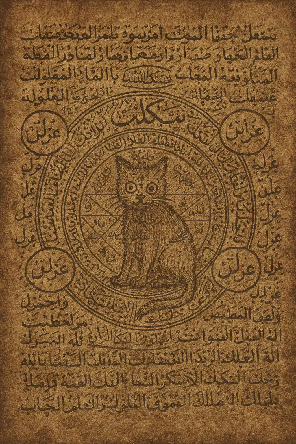 1.	Merkezdeki Kedi Figürü 	•	Kedi figürünün içine Arap harfleriyle bazı dualar ve ebced rakamları yazılmıştır. 	•	Çizimin üst kısmında ve kenarlarında “الله” (Allah) lafzı birkaç kez tekrar edilmiştir. 	•	Ayrıca kedi gövdesinin içine yazılan kelimeler, koruyucu ve muska amaçlı kullanılan kısa dualardır. 	2.	Daire Etrafındaki Yazılar 	•	Dairenin etrafında Kur’an’dan doğrudan ayet değil; daha çok korunma ve tılsım amaçlı Havas geleneğinde kullanılan yazılar bulunuyor. 	•	“عزريل – جبرائيل – ميكائيل – اسرافيل” (Azrail, Cebrail, Mikail, İsrafil) isimleri dört köşede ayrı ayrı yazılmış. Bu melek isimleri genelde koruyucu anlam yüklenerek kullanılır. 	3.	İç Kısımdaki Sayılar ve Şekiller 	•	Altıgen/pentagram benzeri geometrik alanın içine 1, 3, 4, 6, 8, 9 gibi rakamlar Arapça olarak yazılmış. Bunlar ebced hesaplarına dayalı vefk (nümerolojik kare) düzenekleridir. 	•	Rakamlar dualarla birlikte kullanılarak “denge” ve “koruma” anlamı yüklenir. 	4.	Kenar Çevresindeki Uzun Yazılar 	•	Kenarlarda sürekli tekrar eden bölümler: 	•	“بسم الله الرحمن الرحيم” (Besmele – Rahman ve Rahim olan Allah’ın adıyla). 	•	“نفل … نفل …” gibi tekrarlayan kelimeler; bazı yerlerde “nafʿ” yani “fayda / yarar” köküyle ilgili ifadeler var. 	•	“الله جل جلاله” (Allah Celâl sahibidir). 	•	Bu ifadeler tılsımın etrafını koruyan bir çerçeve oluşturmak için kullanılmıştır. ⸻ 📜 Genel Anlamı 	•	Kedi figürü: Eski kültürlerde hem gizemi hem de korunmayı temsil eder. 	•	Melek isimleri: Kişiyi görünmeyen varlıklardan, nazardan ve kötülükten korumak için. 	•	Dualar ve Allah lafızları: Manevi güç ve bereket niyetiyle. 	•	Rakamlar (vefk): Ebced hesabına dayalı düzen; enerjiyi dengede tutma amacıyla. ✨ Dilerseniz sizin için de özel olarak hazırlayabilirim. #ticaret #tılsım #havas #bursa #dua 