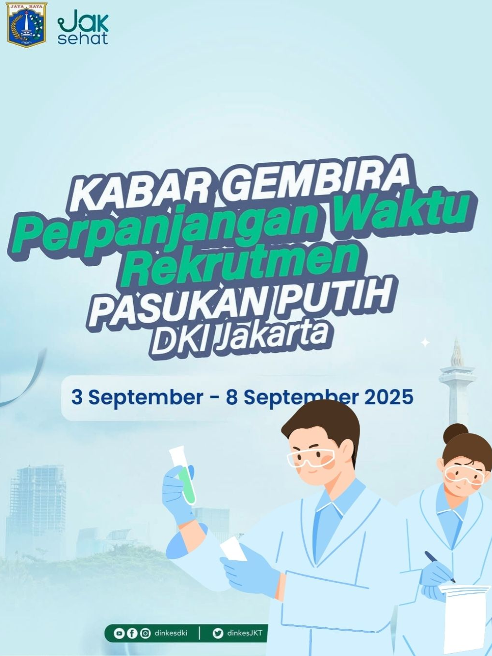 JANGAN SAMPAI TELAT! Daftar Pasukan Putih SEKARANG! Waktu terbatas! Pendaftaran Pasukan Putih Dinas Kesehatan DKI Jakarta diperpanjang sampai 8 September 2025. Ini kesempatanmu untuk jadi bagian dari garda terdepan kesehatan Jakarta. Yuk, segera cek syaratnya dan daftar! Prosesnya gratis, jangan percaya kalau ada yang minta bayaran! Cek link pendaftaran di dinkes.jakarta.go.id. #loker2025 #pasukanputihdki #dinkesjakarta #infoloker #lowongankerjajakarta #tenagakesehatan #rekrutmengratis #jakartainfo #loker