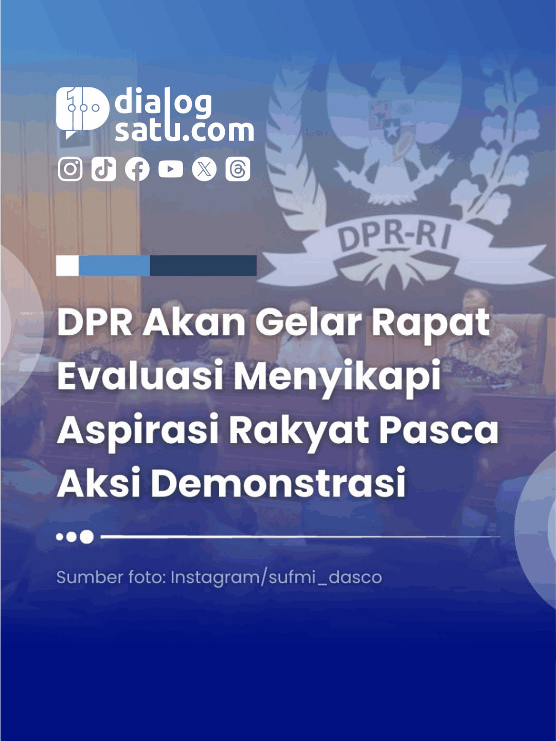 DIALOGSATU - Dewan Perwakilan Rakyat (DPR) RI akan segera melaksanakan rapat evaluasi menyusul aksi demonstrasi yang berlangsung sejak akhir Agustus 2025. Wakil Ketua DPR RI Sufmi Dasco Ahmad menyatakan, rapat tersebut akan dimulai pada Kamis 4 September 2025, dengan melibatkan seluruh pimpinan fraksi di parlemen. Dasco menegaskan bahwa rapat ini merupakan tindak lanjut atas tuntutan rakyat yang disuarakan oleh berbagai kelompok, termasuk mahasiswa, pascaaksi demonstrasi 25–31 Agustus 2025. Evaluasi yang akan dibahas mencakup sejumlah aspek penting, mulai dari tunjangan anggota dewan hingga transparansi kegiatan legislasi. 