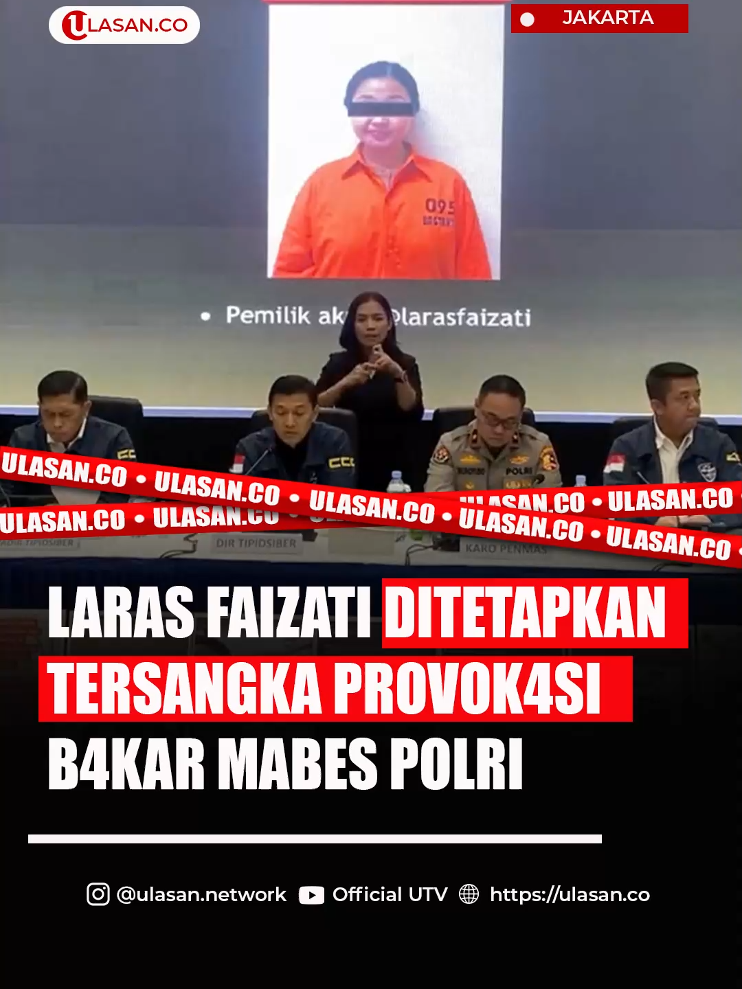 Direktorat Tindak Pidana Siber Bareskrim Polri resmi menetapkan Seorang pegawai lembaga internasional Laras Faizati sebagai tersangka dalam kasus uj4ran kebenci4n. Penetapan ini dilakukan setelah Laras terbukti membuat konten provok4tif di akun Instagram miliknya saat aksi unjuk rasa berlangsung di depan Mabes Polri.  Dalam unggahan tersebut, ia mengajak massa untuk memb4kar gedung Mabes Polri. Diketahui, akun Instagram Laras memiliki 4.008 pengikut. Laras ditangkap pada Senin (1/9/2025) dan mulai ditahan di Rutan Bareskrim Polri sejak Selasa (2/9/2025). Atas perbuatannya, ia dijerat dengan Pasal 48 ayat 1 Jo Pasal 32 ayat 1 UU Nomor 11 Tahun 2008 tentang Informasi dan Transaksi Elektronik, Pasal 45A ayat 2 Jo Pasal 28 ayat 2 UU Nomor 1 Tahun 2024 tentang ITE, serta Pasal 160 KUHP dan/atau Pasal 161 ayat 1 KUHP. #beritatiktok #beritaterkini #polri #beritaviral #larasfaizati