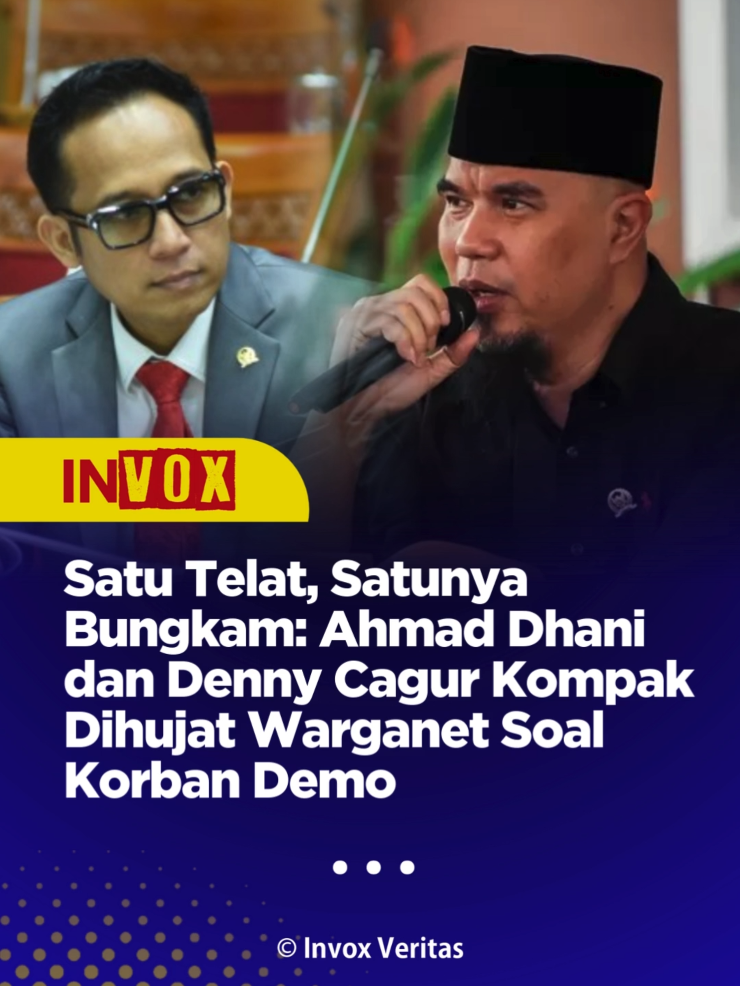 Dua artis yang juga anggota DPR, Ahmad Dhani dan Denny Cagur, menjadi sorotan warganet. Keduanya menuai kritik pedas atas respons mereka yang berbeda terhadap para korban imbas demonstrasi. Ahmad Dhani, yang juga merupakan anggota DPR RI dari fraksi Gerindra, akhirnya menunjukkan sikap belasungkawa pada hari Kamis, 4 September 2025. Namun, respons tersebut dinilai sangat terlambat oleh publik. Melalui unggahan di media sosialnya, pentolan Dewa 19 itu memajang daftar nama para korban yang meninggal dunia. Nama-nama seperti Affan Kurniawan hingga Iko Juliant Junior yang wafat pada 31 Agustus 2025 tercantum dalam daftar tersebut. Musisi legendaris itu pun menyematkan doa singkat untuk para korban. 