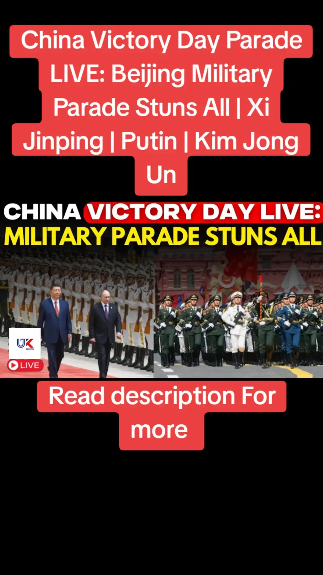 China Live News | China Victory Day Parade LIVE | Beijing Military Parade Stuns All | Xi Jinping | Putin | Kim Jong Un | Kim Jong Un Live | North Korea Watch live as China marks the 80th anniversary of the end of World War II with a military parade in Beijing. Russia's Vladimir Putin and North Korea's Kim Jong Un will attend. The world’s largest active military, with more than 2 million personnel, is holding one of its biggest parades ever on Wednesday, a highly choreographed “Victory Day” spectacle to mark the 80th anniversary of Imperial Japan’s surrender at the end of World War II. #chinamilitary #militaryparade #live #putin #vladimirputin 
