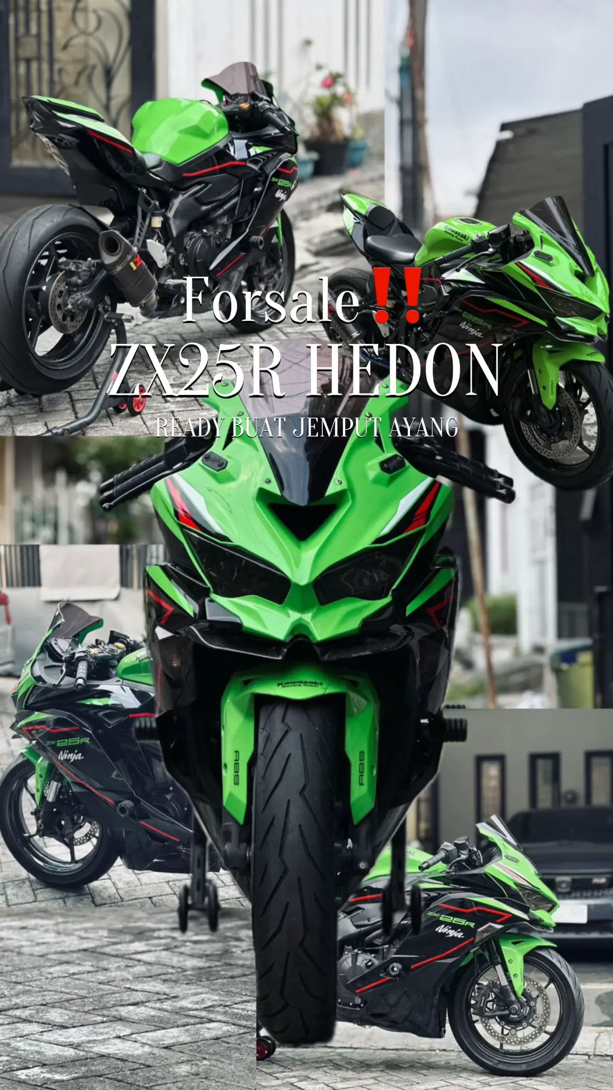 2022 Kawasaki ZX25R Green KRT - Low km only 1400km - Surat Lengkap - Pajak On - Akrapovic Exhaust Original - Ban depan Pirelli DRS 120/70-17 - Ban belakang Pirelli - Supercorsa V2 180/55-17 - Frame slider WR3 - Exhaust Hanger WR3 - Stoplamp WR3 Price: 110jt negotiable Lengkap No minus siap digass 📍Surabaya ☎️ 081555444456 (Lian)
