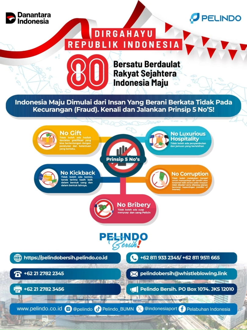 Sebagai bagian dari ekosistem strategis Nasional, Pelindo percaya bahwa kemajuan bangsa tidak dapat dipisahkan dari komitmen penerapan tata kelola Perusahan yang baik (GCG).  Melalui penerapan Prinsip 5 No’s dalam Sistem Manajemen Anti Penyuapan (SMAP), No Corruption, No Bribery, No Kickback, No Gift, dan No Gratification, Pelindo memperkuat komitmen terhadap etika kerja dan pencegahan fraud di seluruh lini bisnis Perusahaan. #GCGPelindo #PelindoBersih2025 #PelindoBersih #SistemManajemenAntiPenyuapan #Pelindo #PelindoGroup #IndonesiaMaritimeGateway #HariMerdekaRI80