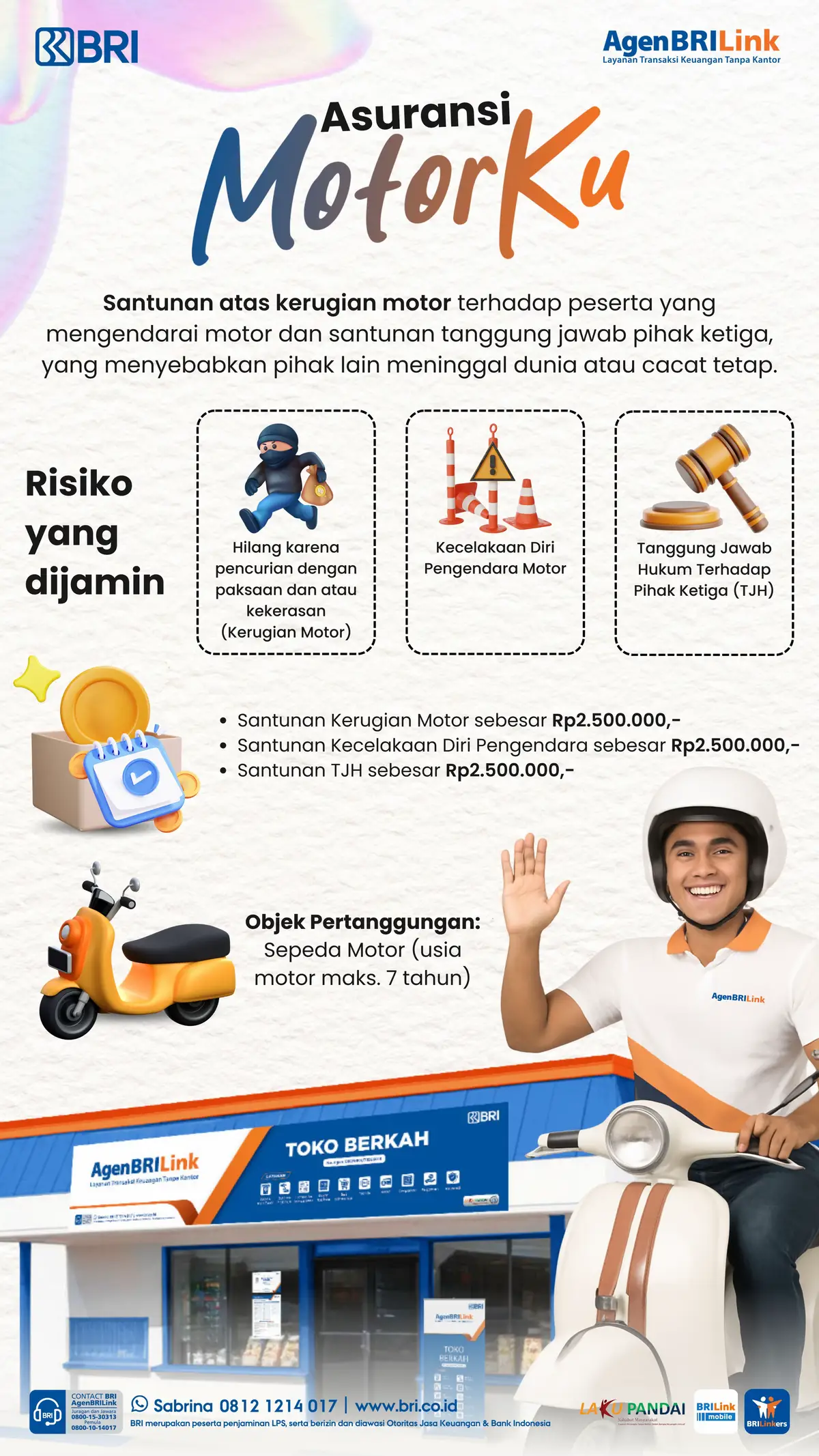 Sobat BRILinkers!✨ Libur panjang sudah di depan mata! Mau mudik ke kampung halaman atau touring seru bareng teman-teman, pastinya perjalananmu akan lebih asyik! 🚗💨 Tapi, jangan sampai perjalanan seru kamu jadi terganggu karena hal-hal yang nggak terduga. Yuk, proteksi motormu dengan Asuransi Motorku! Dengan proteksi ini, perjalanan jauh jadi lebih tenang, aman, dan nyaman! 🔐✨ Langsung aja ke AgenBRILink terdekat sekarang!  Gaspol sampai tujuan dengan hati yang tenang! 🛵💨 #AgenBRILink #BRILink #BRILinkers #AsuransiMotorKu #BRI